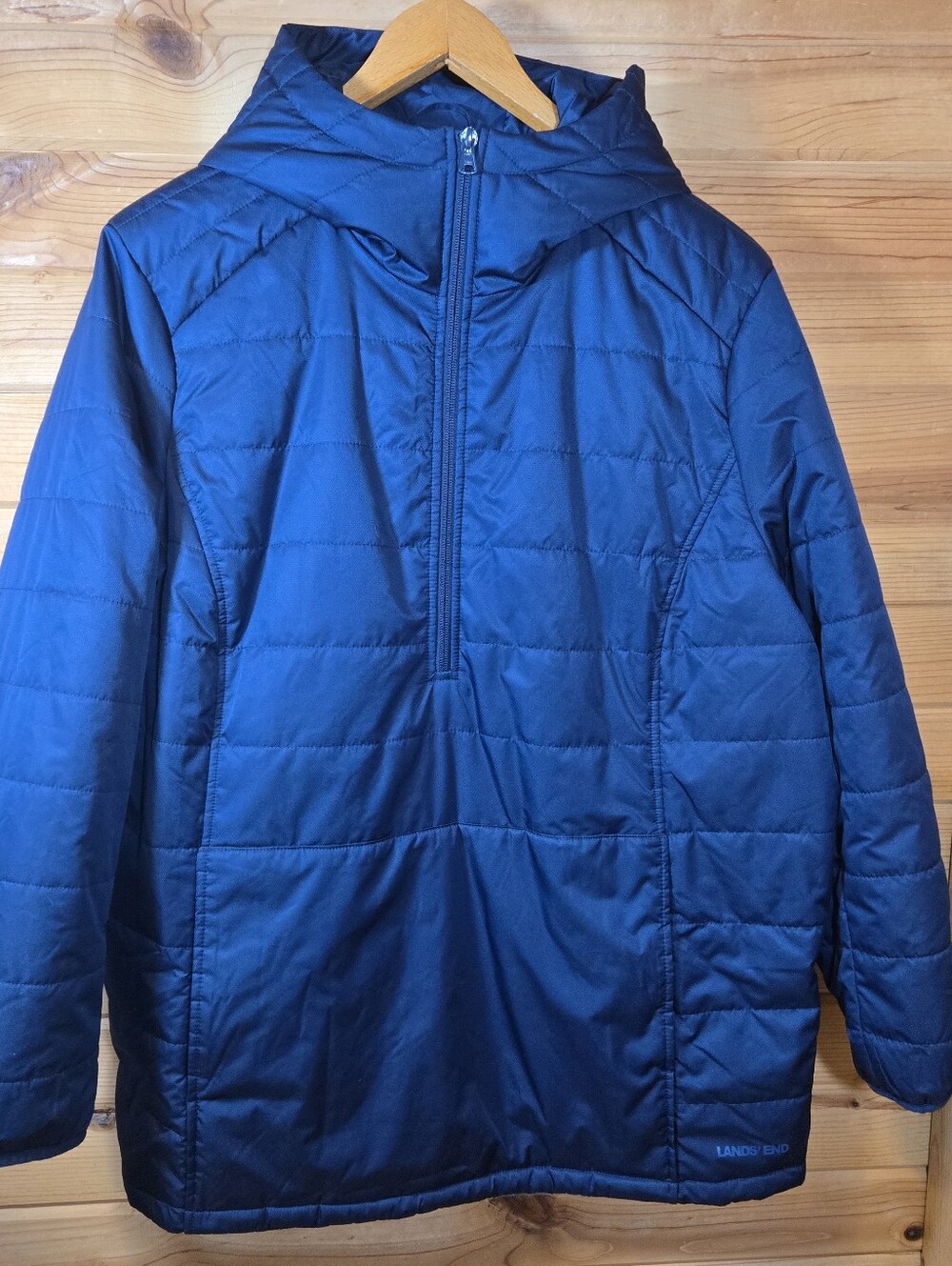 Lands' End Women's 16/18W Pullover Jacket Hooded Quilted Navy Blue Half Zip